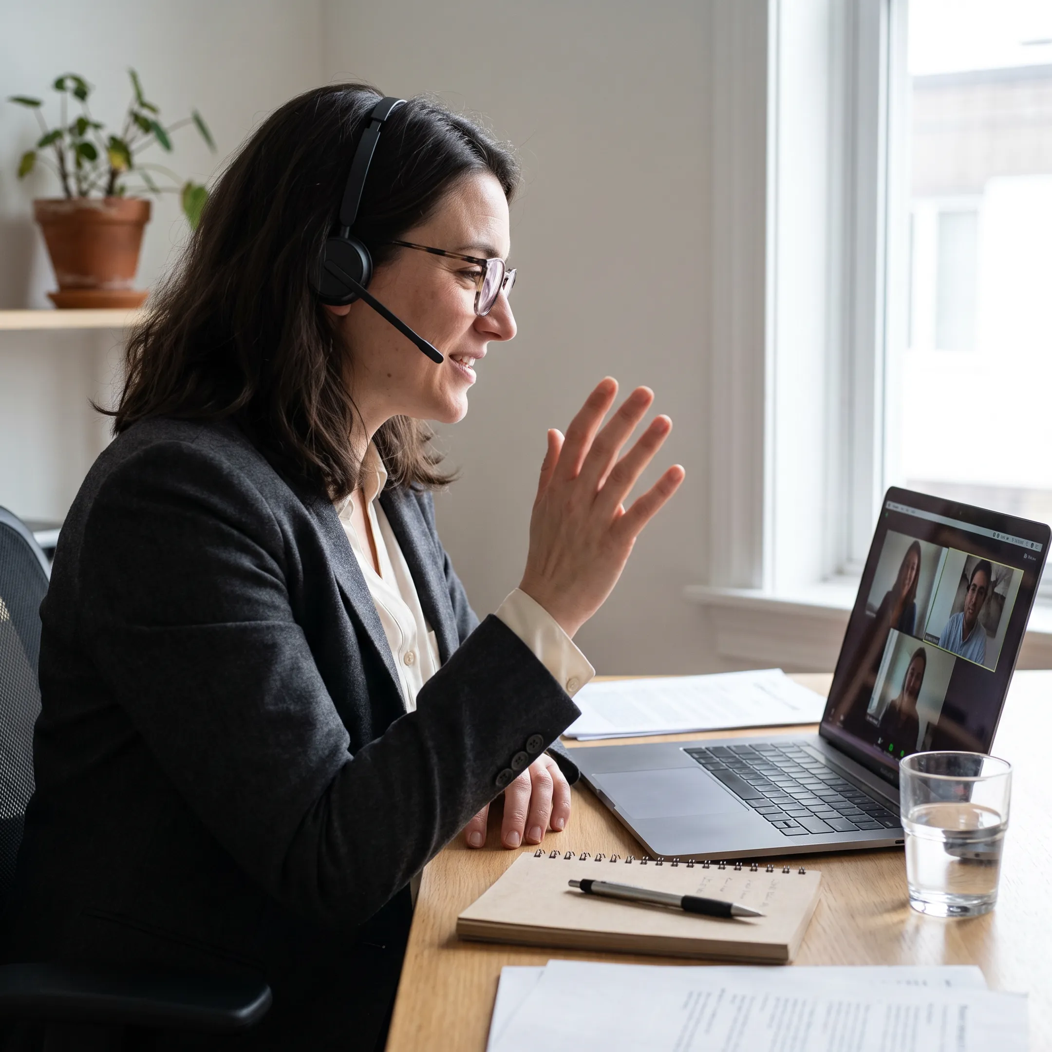 B2B sales representative speaking with a PEO prospect during a professional video meeting