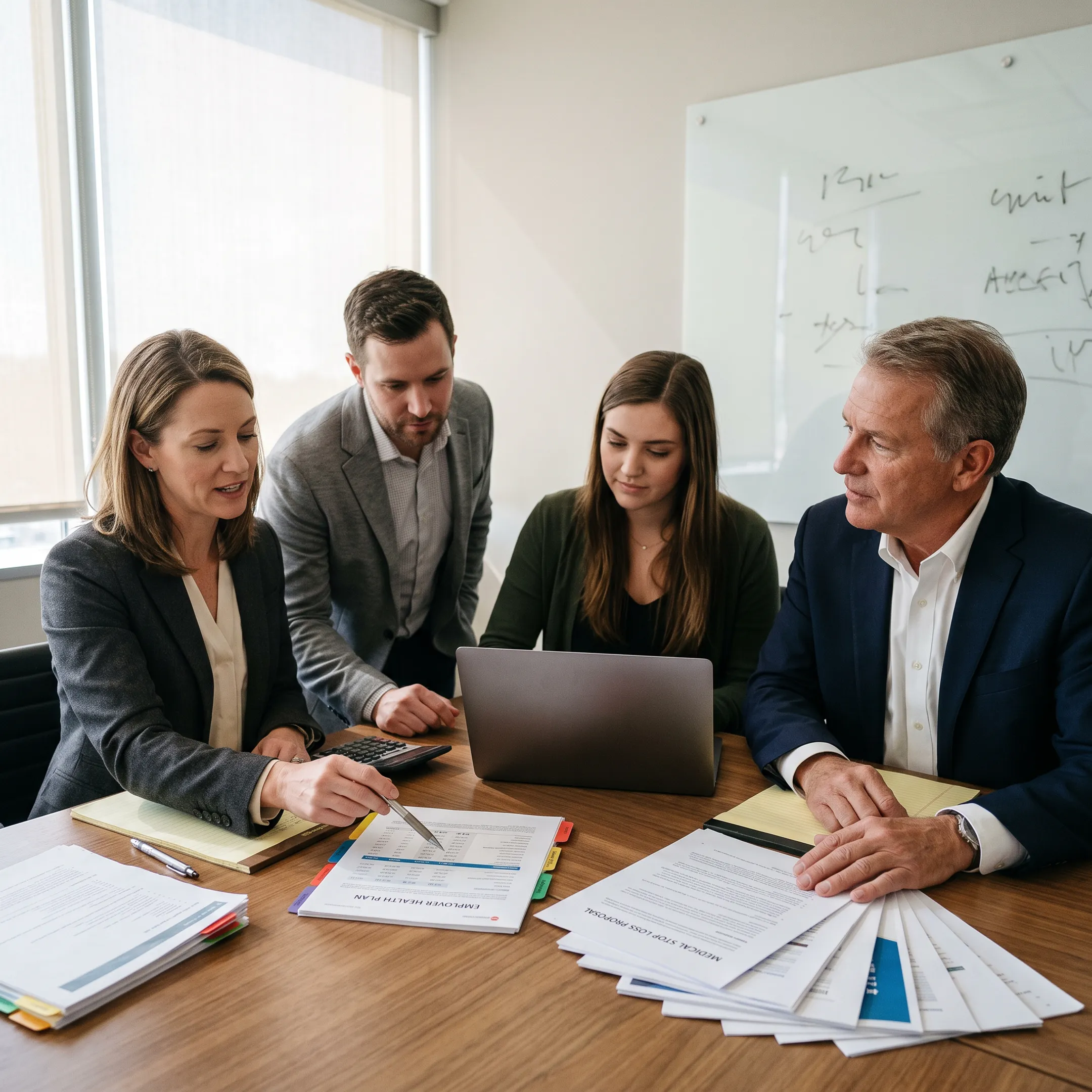 Insurance professionals discussing medical stop loss opportunities in a business meeting