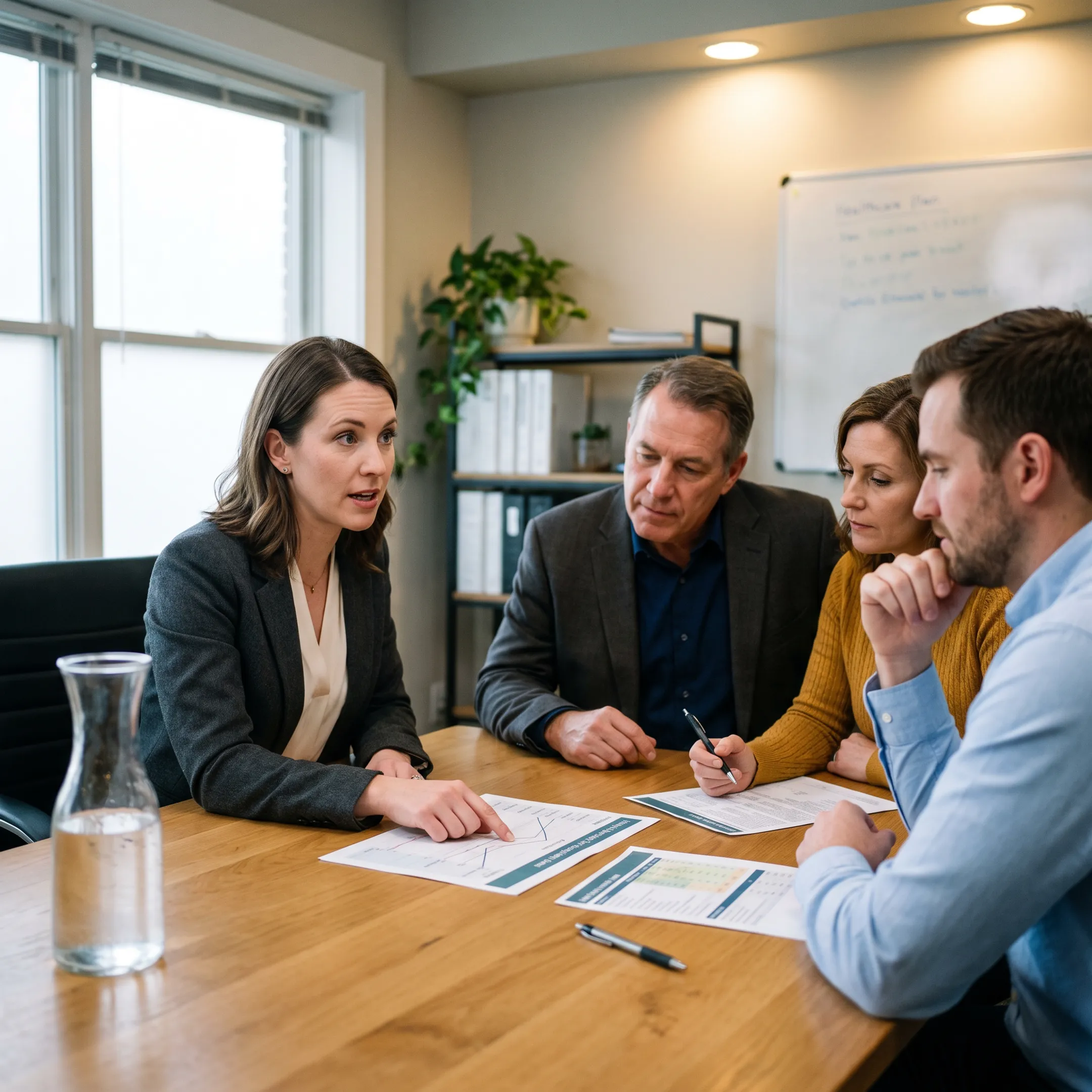 Benefits advisor speaking with business decision-makers during a professional appointment setting meeting