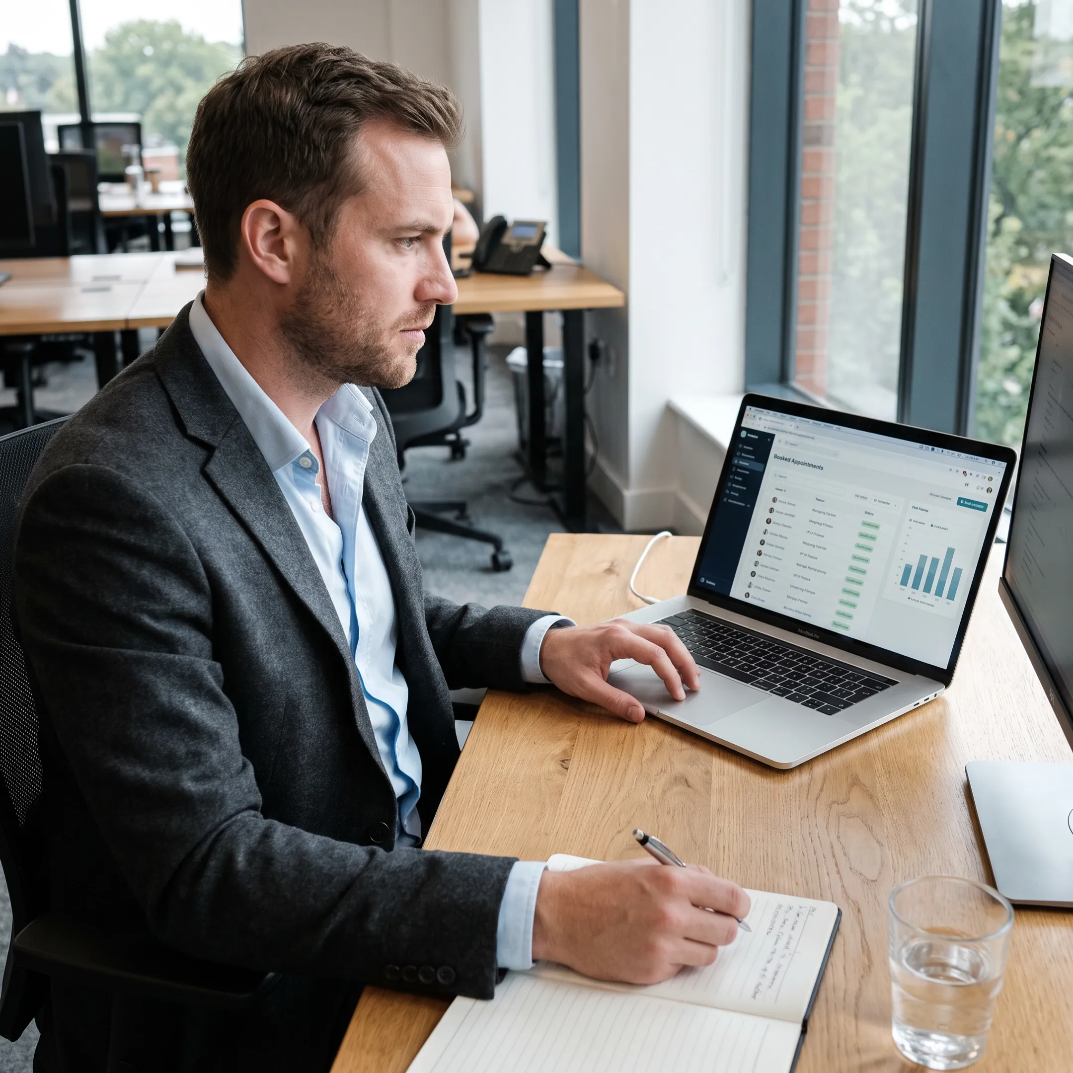 Sales professional reviewing qualified financial services leads