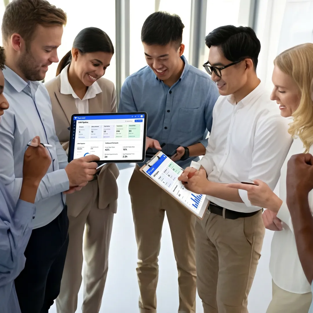 Sales team reviewing software outreach results