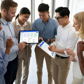 Sales team reviewing software outreach results
