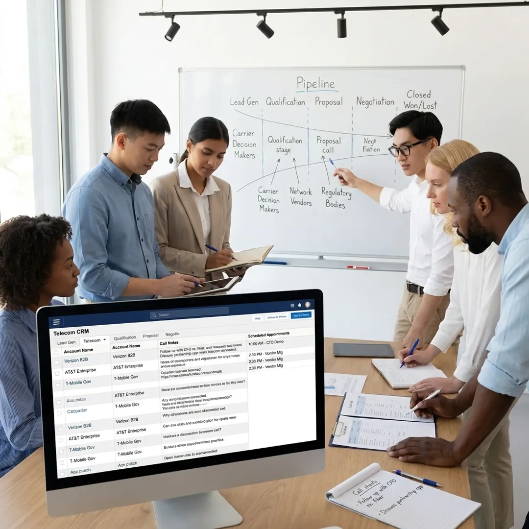 B2B telecom lead generation team reviewing sales pipeline