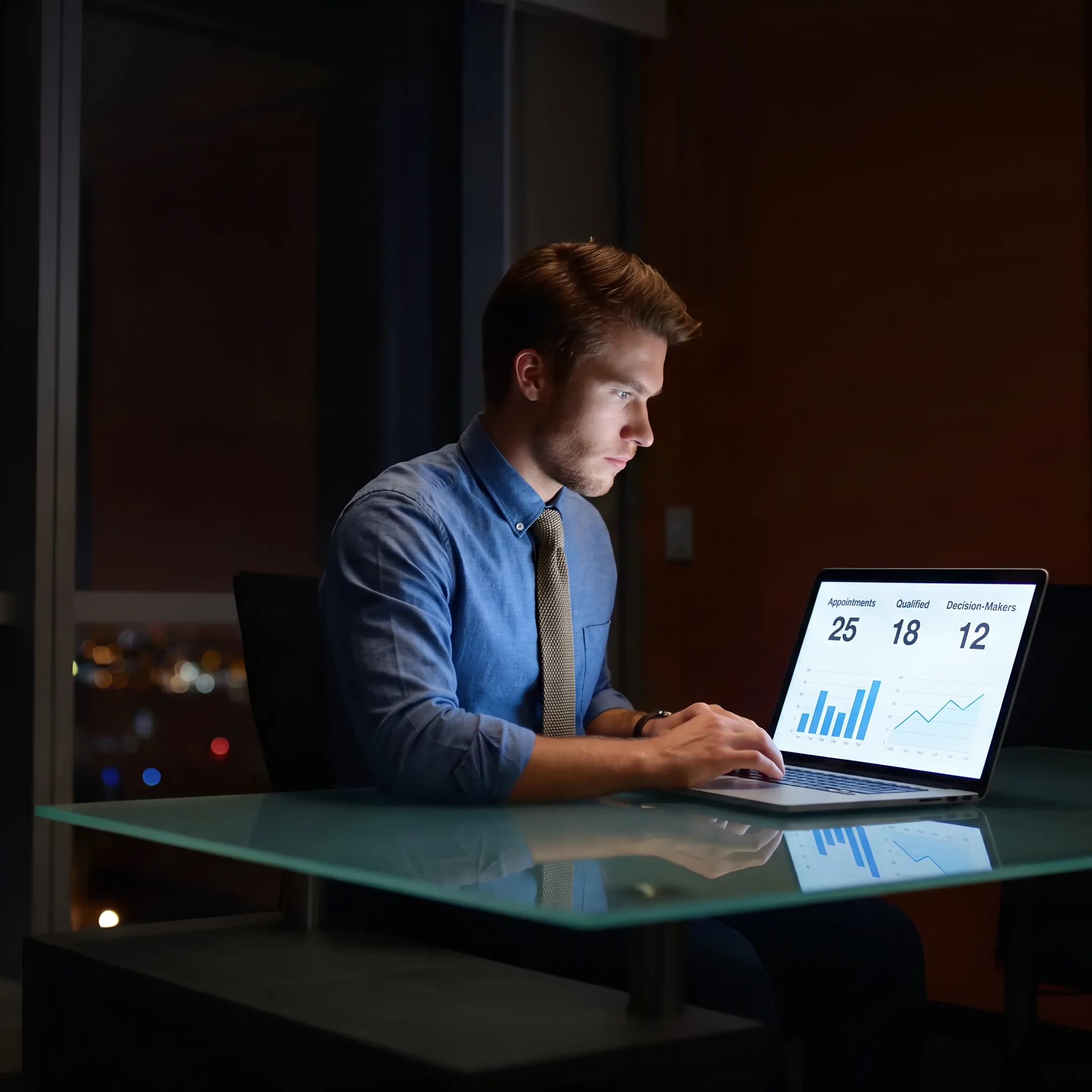 Sales professional reviewing qualified appointment details with campaign performance charts