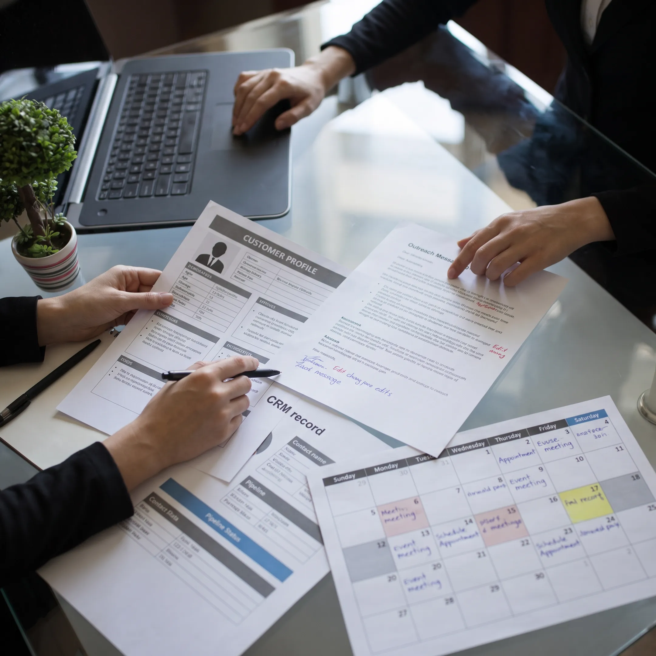 Marketing specialists planning a payroll and HR appointment setting campaign