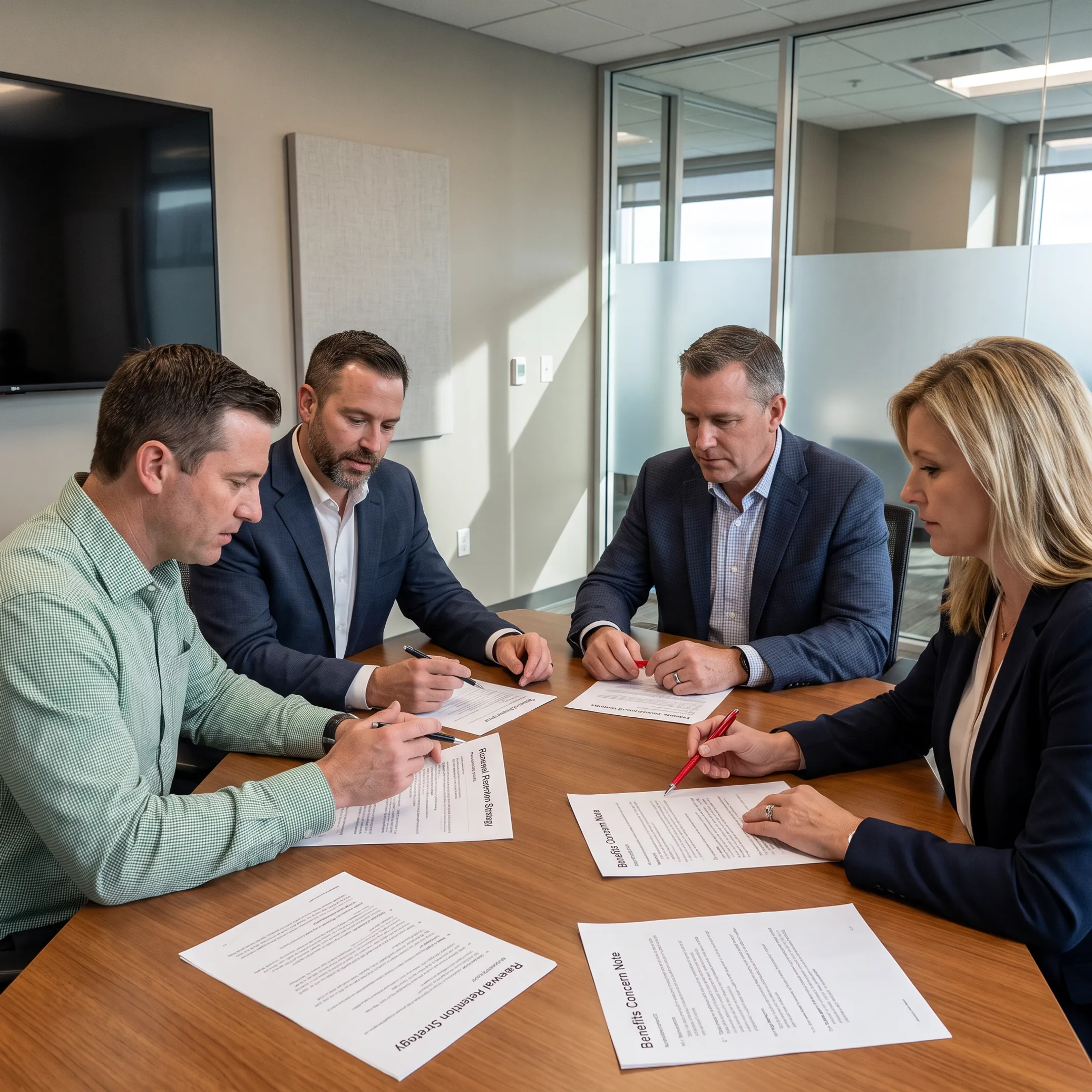 PEO sales professional reviewing renewal outreach strategy with a business team