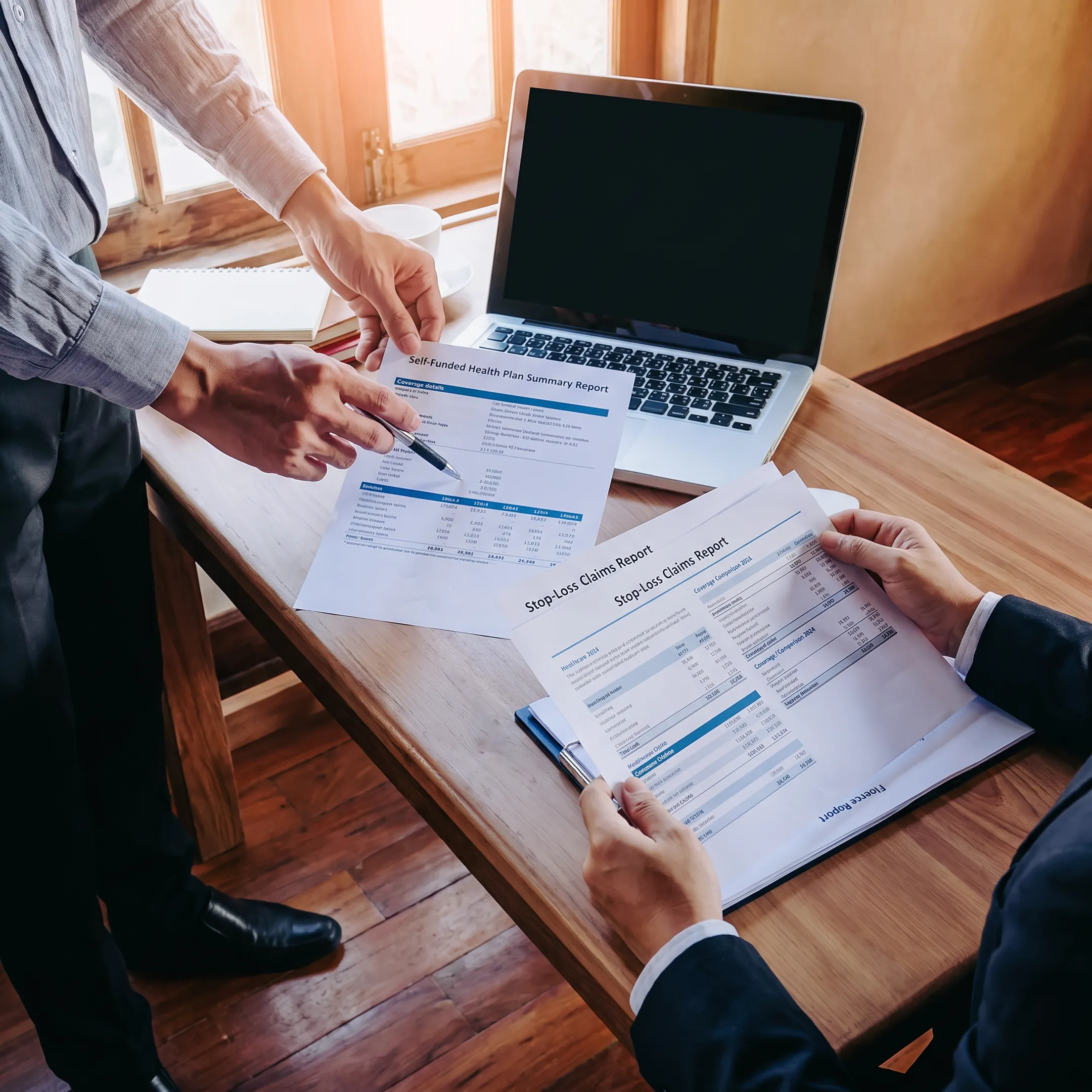 Benefits broker discussing self-funded health plans with an employer decision-maker