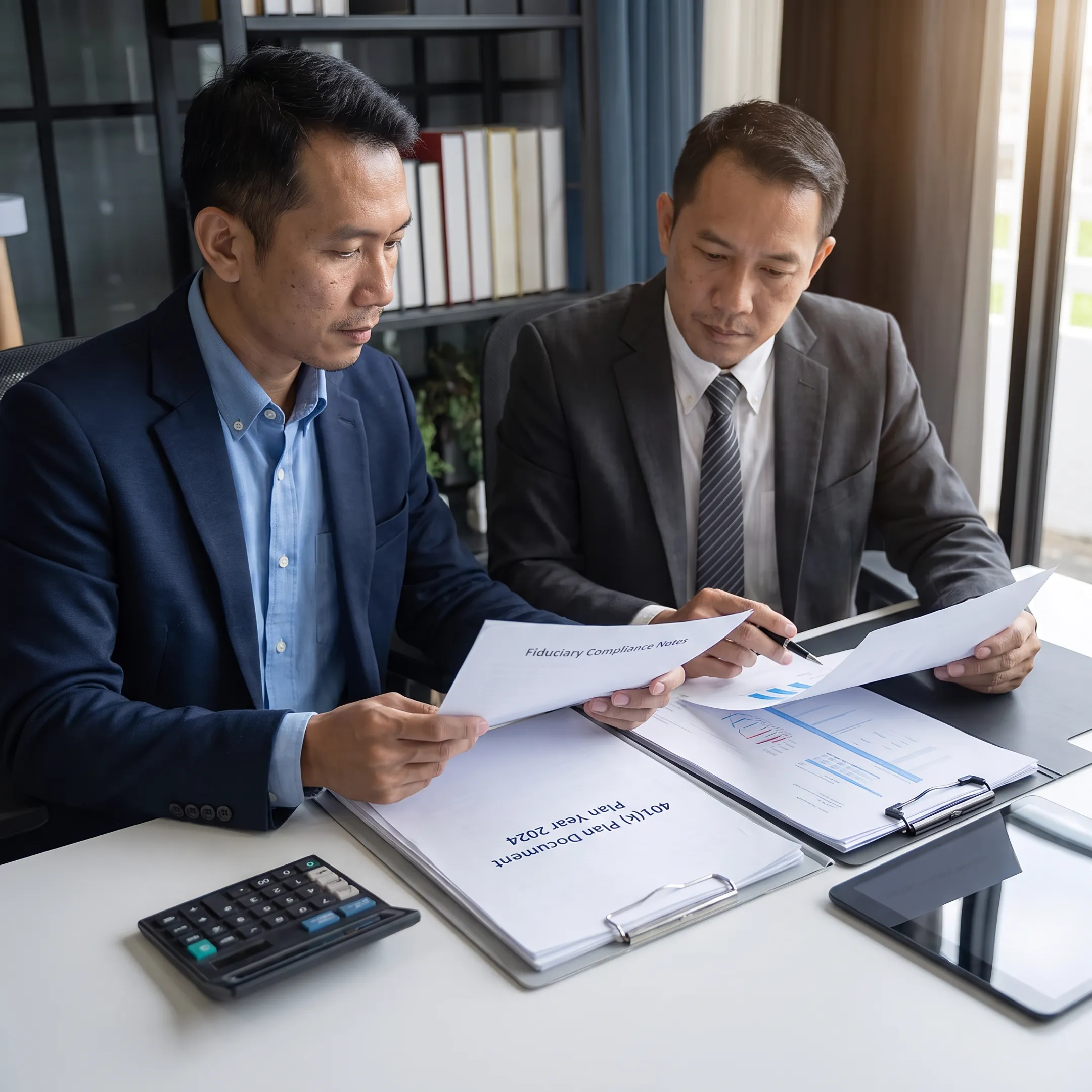Advisor reviewing 401(k) plan documents with a business executive during a consultation