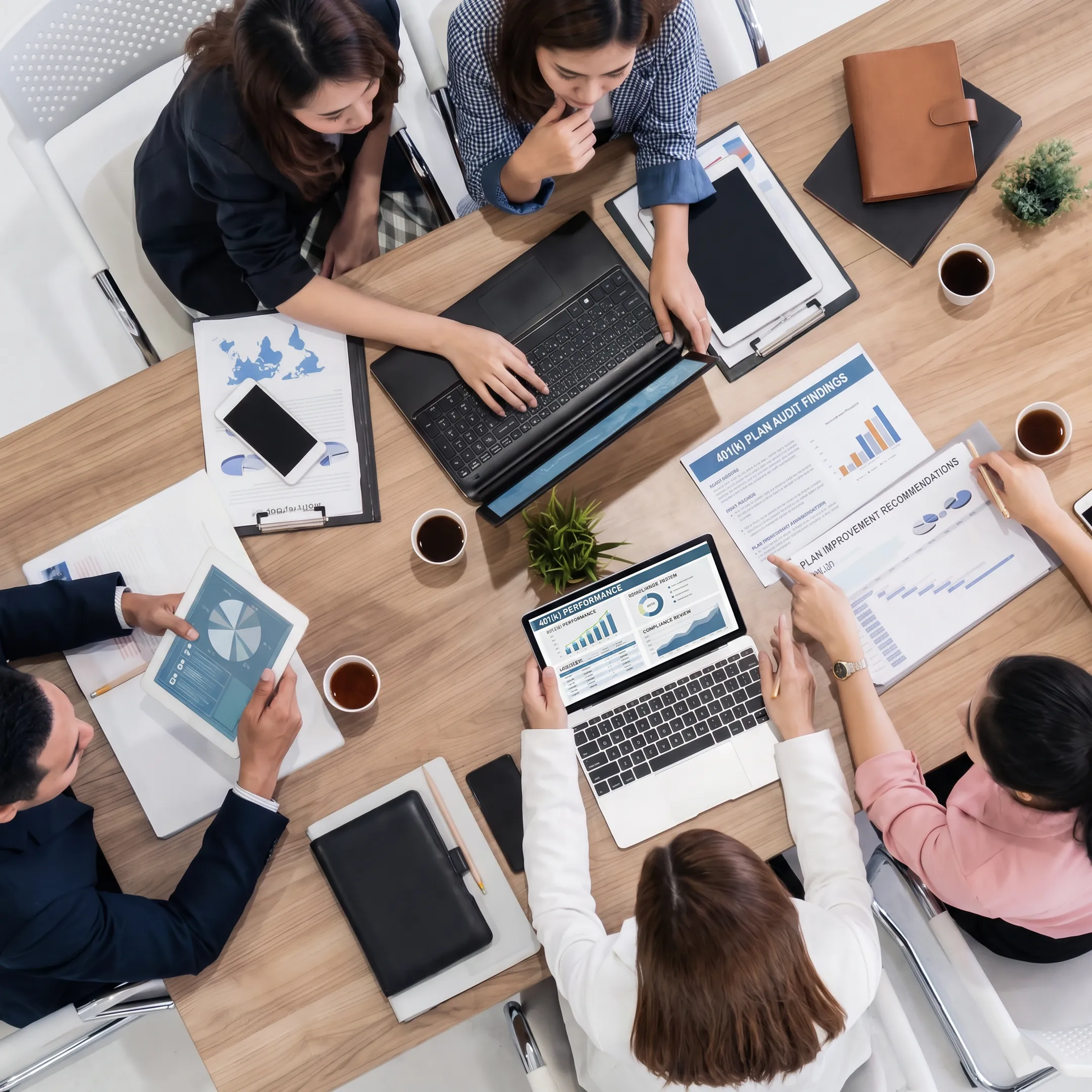 Retirement advisor presenting 401(k) audit findings to company benefits leaders