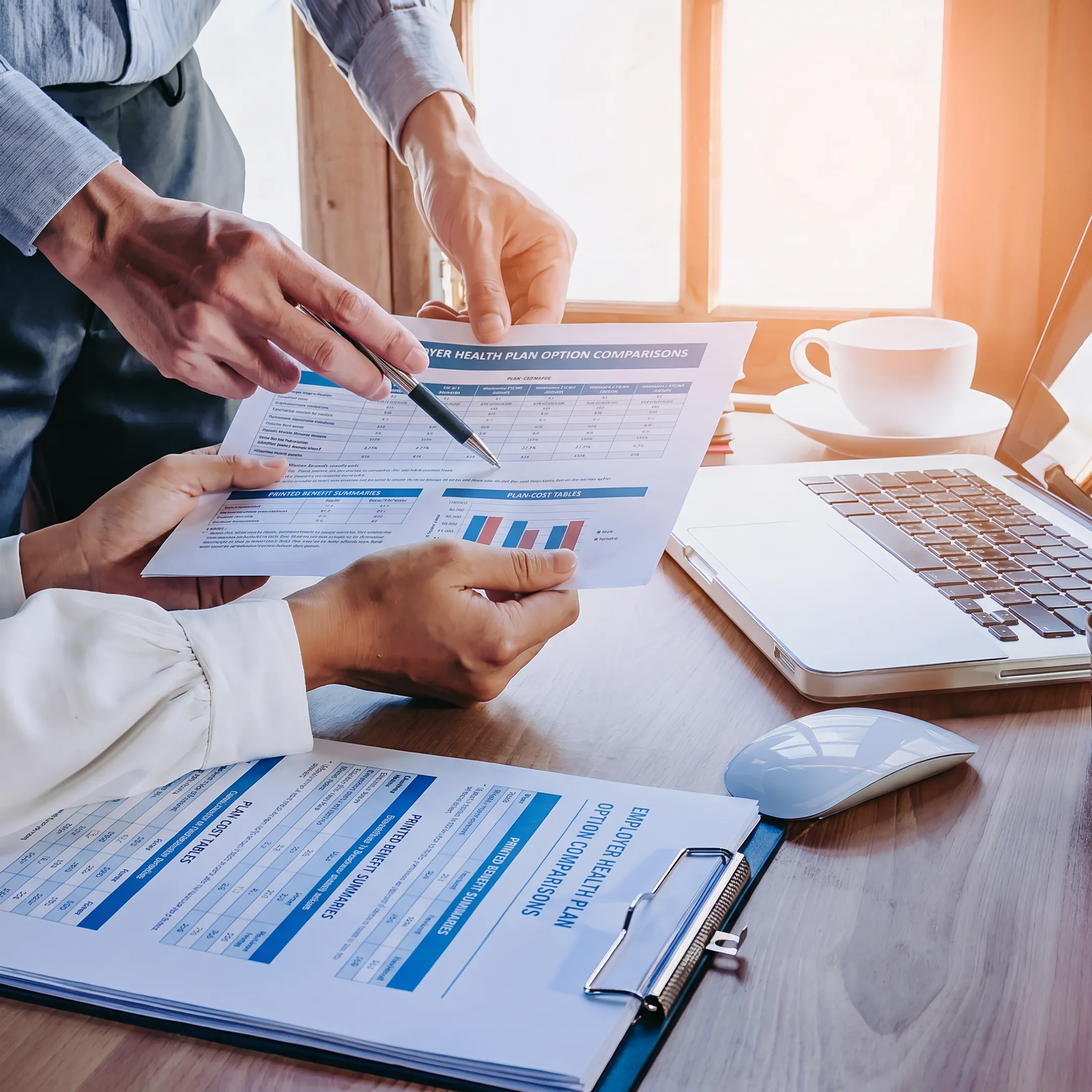 Benefits advisor meeting with an employer decision-maker about a level-funded health plan