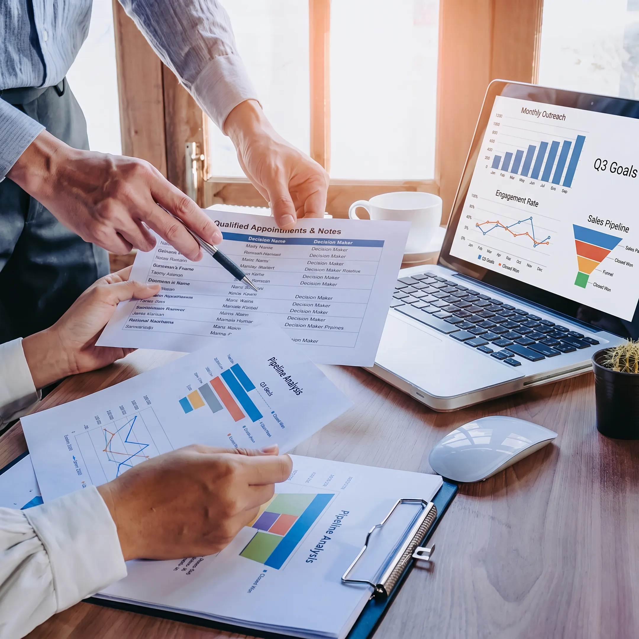 B2B health plan marketer reviewing qualified appointment data with a sales team