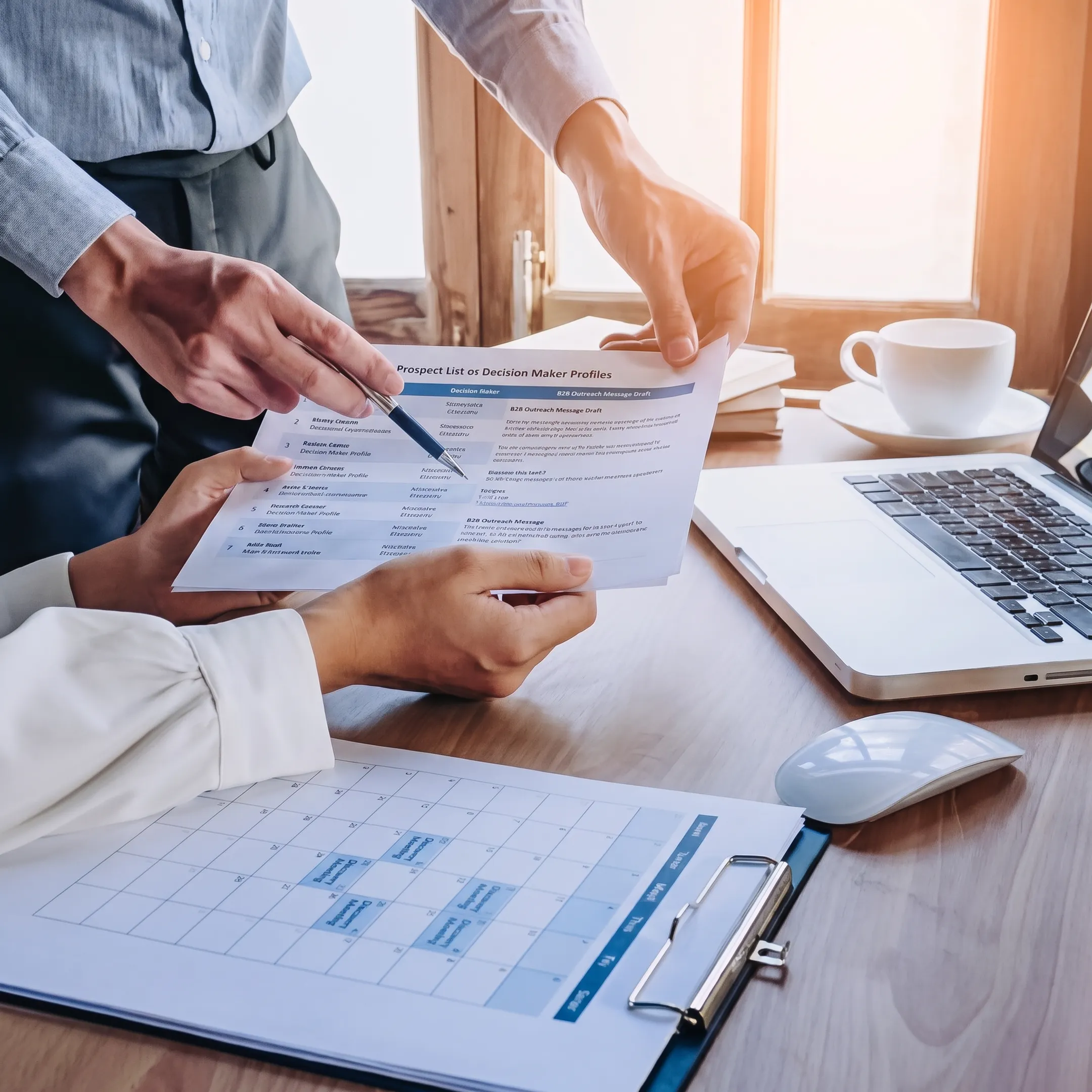 Fractional HR consultant reviewing qualified business prospects with an outreach specialist