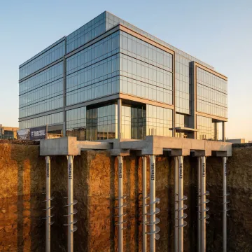 Commercial helical pile foundation supporting large industrial structure