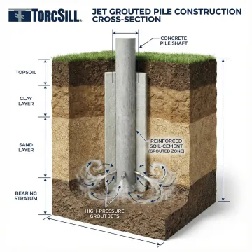 Cross-section view of jet grouted pile installation in soil