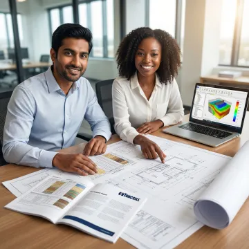 Engineering team reviewing geotechnical reports and foundation design calculations