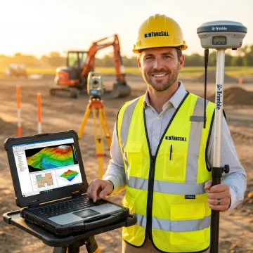 Advanced surveying equipment and digital mapping technology at construction site