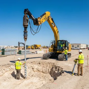 Commercial helical pile installation equipment working on Virginia Beach construction site