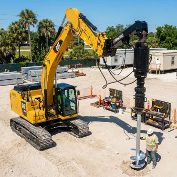 Helical pile foundation system being installed for commercial building in Tampa