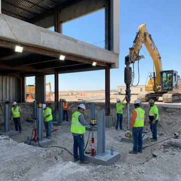 Commercial building foundation releveling with helical pile installation equipment