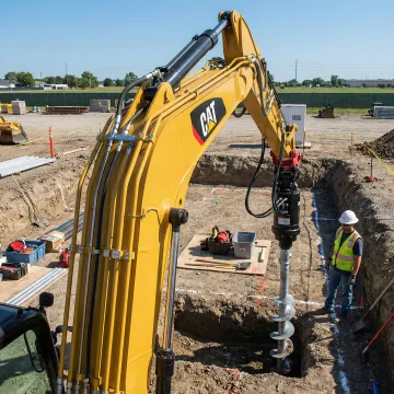 Helical pile foundation system being installed under commercial building