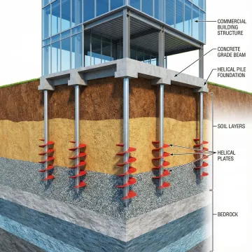 Helical pile foundation system being installed for commercial building stabilization