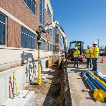 Advanced helical pile foundation system being installed at commercial facility