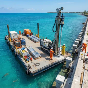 Specialized marine equipment installing helical piles from waterside on Bonita Springs seawall