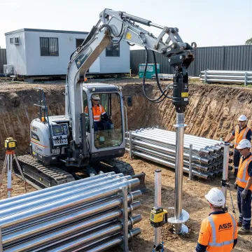 Helical pile foundation repair system being installed at commercial building