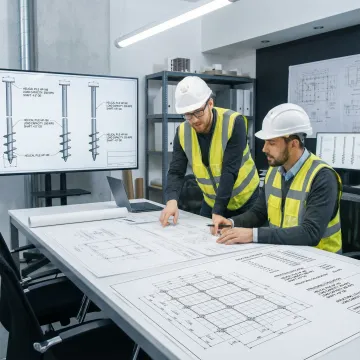 Engineering team reviewing foundation design plans and specifications