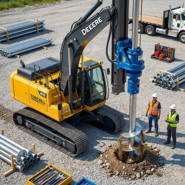 Professional helical pile installation equipment working on deep foundation project