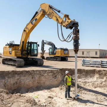 Commercial foundation repair equipment working on building stabilization