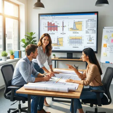 Engineering team reviewing sheet pile retaining wall blueprints
