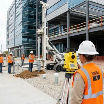 Commercial building foundation repair with helical pile installation equipment