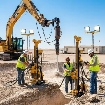 Professional crew installing pressure grouted piles with specialized drilling equipment