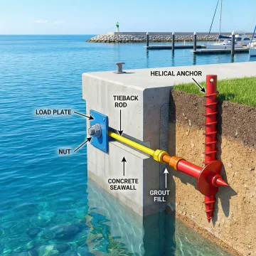 Cross-section diagram showing helical tieback system installation in seawall