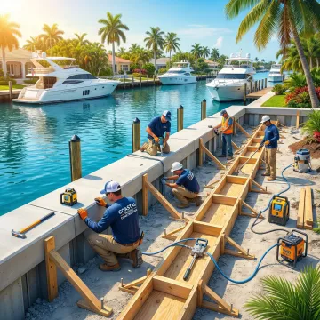 Professional seawall repair work being performed on Florida waterfront property