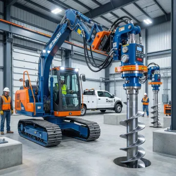 Advanced helical pile installation equipment at industrial site