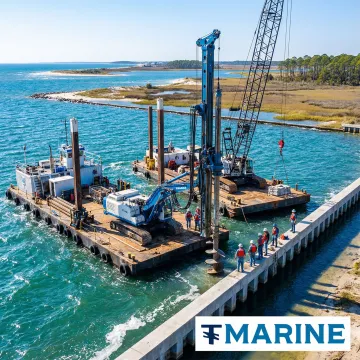 Advanced helical anchor installation equipment working on Mississippi seawall