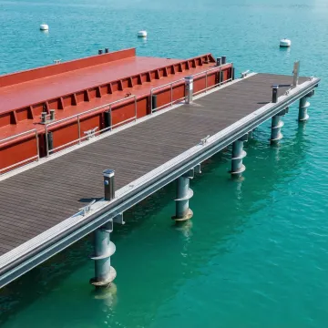 Completed dock with helical pile foundation system