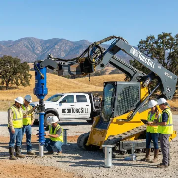 Industrial helical pile foundation installation at California facility
