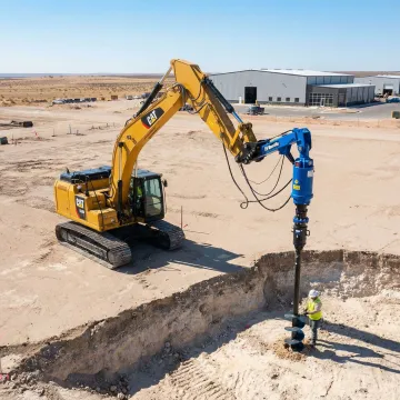 Industrial foundation engineering equipment installing helical piles at Arizona facility