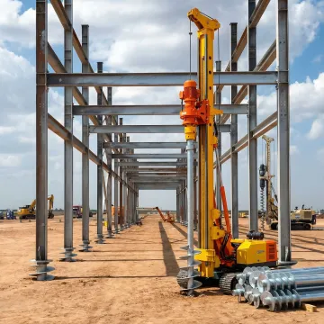 Industrial helical pile foundation installation at Oklahoma facility