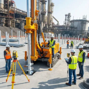 Industrial foundation engineering equipment installing helical piles at Missouri industrial facility