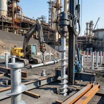 Industrial foundation engineering equipment installing helical piles at Michigan manufacturing facility