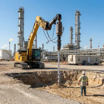 Industrial helical pile foundation installation at Louisiana facility