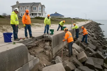 Professional seawall repair crew working on waterfront retaining wall with specialized marine equipment