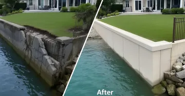 Commercial seawall installation with heavy machinery and marine construction equipment