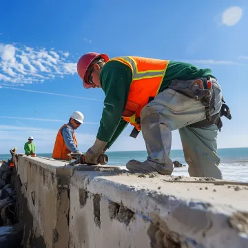 Professional seawall installation team working on coastal protection project