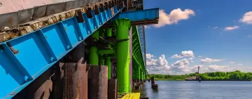 Marine piling installation equipment working on waterfront construction project