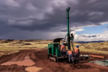 Geotechnical engineer conducting soil testing and site analysis with drilling equipment